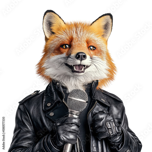 A stylized fox in a leather jacket, holding a microphone on a white isolated background. photo