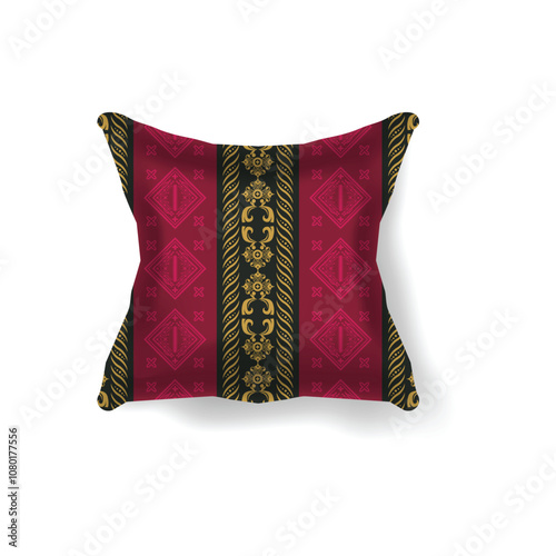 Realistic pillow mockup with ethnic traditional batik pattern isolated