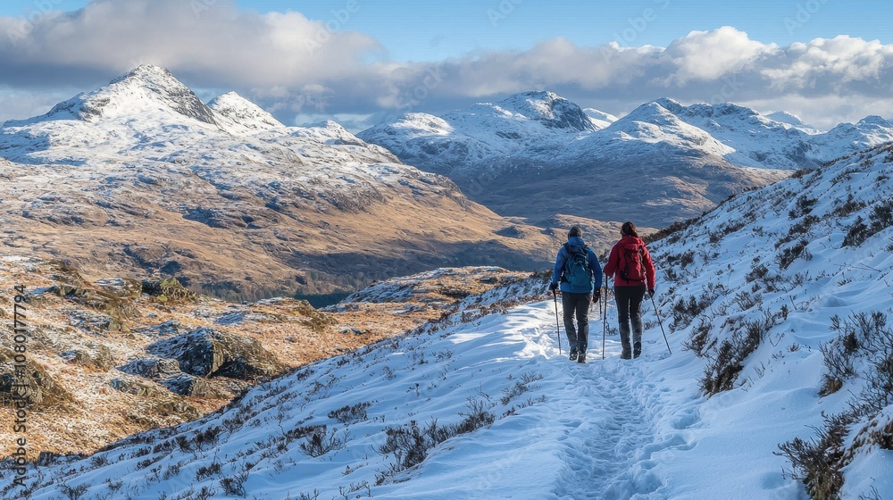 Scenic Winter Hike of a Couple on a Snowy Path Up the Frosty Mountain Surrounded by Beautiful Nature and Majestic Peaks in a Chilly Environment Scenic Winter Hike of a Couple on a Snowy Path Up the Frosty Mountain Surrounded by Beautiful Nature and Majestic Peaks in a Chilly Environment
