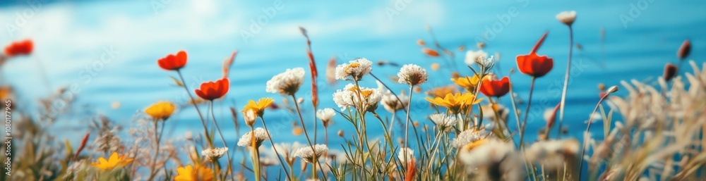 A vibrant field of colorful wildflowers against a serene blue background. A vibrant field of colorful wildflowers against a serene blue background.