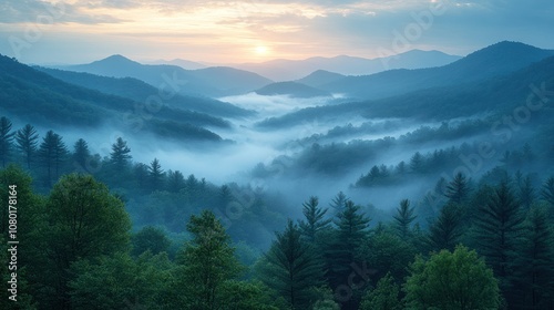 Serene morning mist over rolling hills and pine trees.