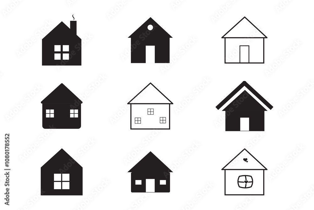 Big set of house icons, collection home sign, flat style houses in outline and line design, real estate - stock vector Big set of house icons, collection home sign, flat style houses in outline and line design, real estate - stock vector