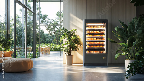 Digital vending machine in a sleek public space, dispensing nutrient-rich food capsules, with holographic options and touchless technology 