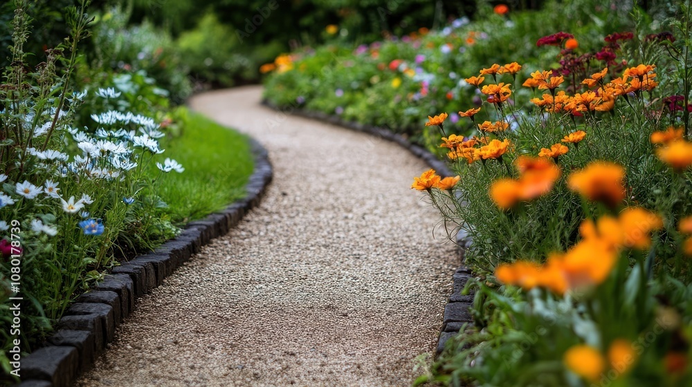 A Stone Path Winding Through a Garden of Blooming Flowers A Stone Path Winding Through a Garden of Blooming Flowers