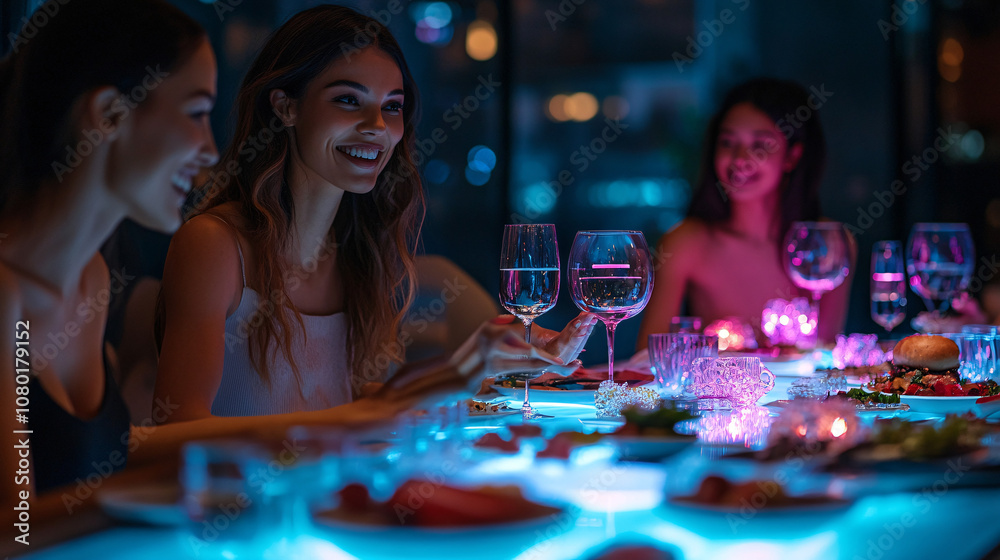Fototapeta premium Group of friends enjoying a selection of molecular gastronomy dishes on a high-tech dining table equipped with holographic menu displays 