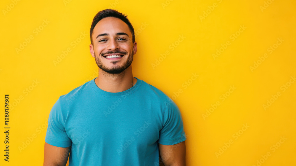 Smiling man in blue t shirt against bright yellow background, exuding happiness and confidence. His cheerful expression adds vibrancy to scene Smiling man in blue t shirt against bright yellow background, exuding happiness and confidence. His cheerful expression adds vibrancy to scene