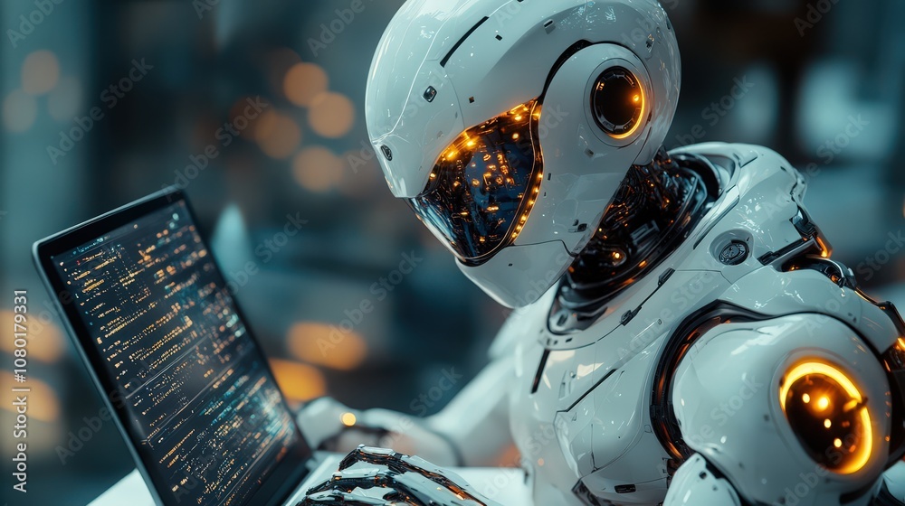 Fototapeta premium A technologically advanced robot intensely interacting with a laptop, displaying complex data, surrounded by vibrant light in a modern office environment.