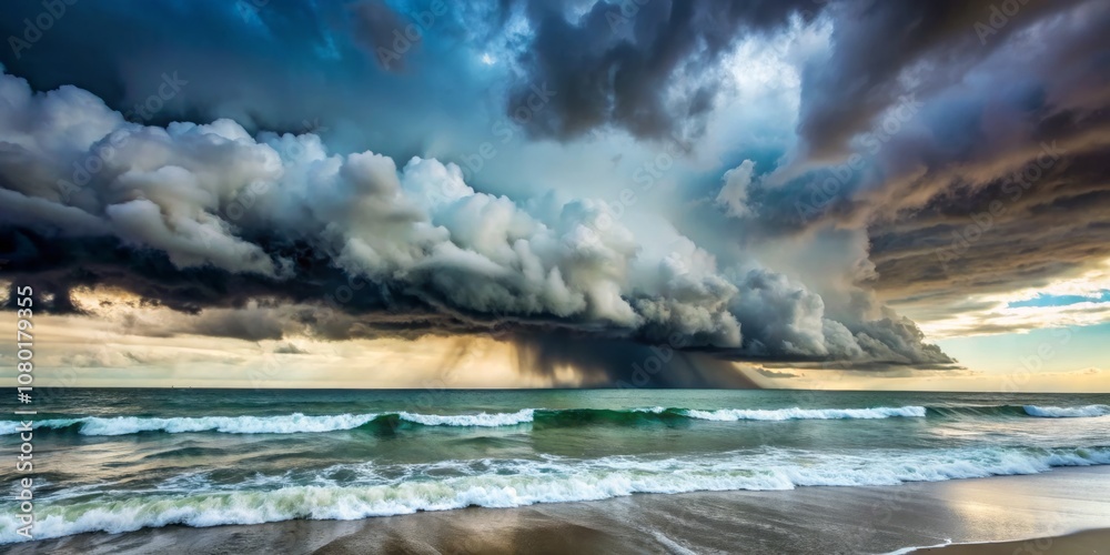 Naklejka premium Dramatic Minimalist Capture of a Powerful Hurricane Forming Over the Gulf of Mexico Approaching Land in Late Afternoon Light with Dark Clouds and Turbulent Waters