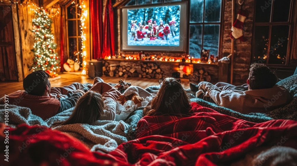 Group of Friends Enjoying a Cozy Evening Together While Relaxing on a Large Sofa Surrounded by Warm Blankets and Watching TV with a Festive Atmosphere Group of Friends Enjoying a Cozy Evening Together While Relaxing on a Large Sofa Surrounded by Warm Blankets and Watching TV with a Festive Atmosphere