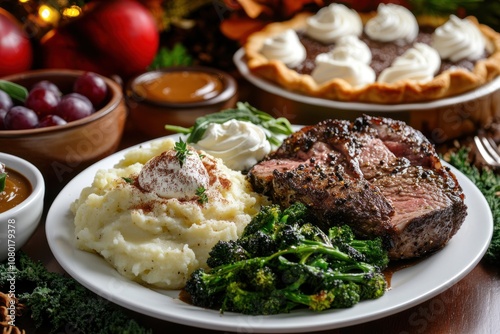 A delicious holiday meal featuring roast beef, mashed potatoes, broccoli, and pie.