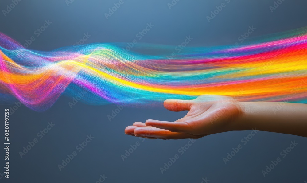 A hand reaching out with colorful, flowing light trails symbolizing creativity and inspiration. A hand reaching out with colorful, flowing light trails symbolizing creativity and inspiration.