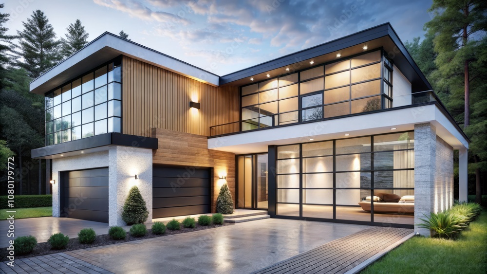 Elegant Contemporary Home Exterior Featuring Black Framed Windows and White Brick Walls with Cedar Siding, Glass Garage Doors, and Stylish Slim Line Lighting on a Flat Roof Elegant Contemporary Home Exterior Featuring Black Framed Windows and White Brick Walls with Cedar Siding, Glass Garage Doors, and Stylish Slim Line Lighting on a Flat Roof