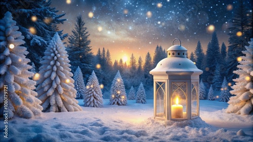 Elegant Christmas Night Scene with Glowing Lantern and Pastel Colors for Festive Poster Design