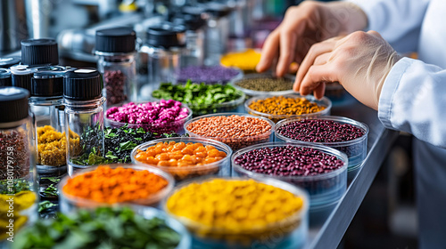 Scientist in a modern lab inspecting petri dishes with colorful synthetic foods and genetically modified ingredients under a microscope  photo