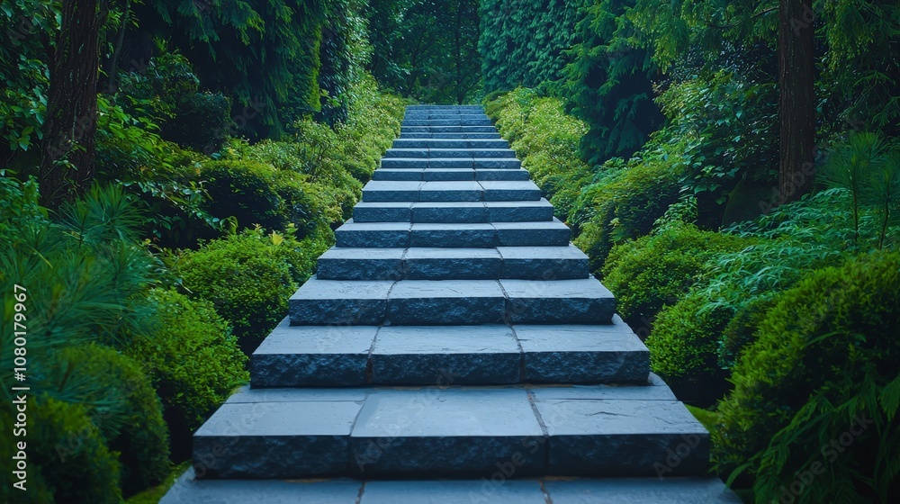 Obraz premium Serene Barefoot Steps on a Stone Pathway Surrounded by Lush Greenery in a Tranquil Japanese Garden Setting