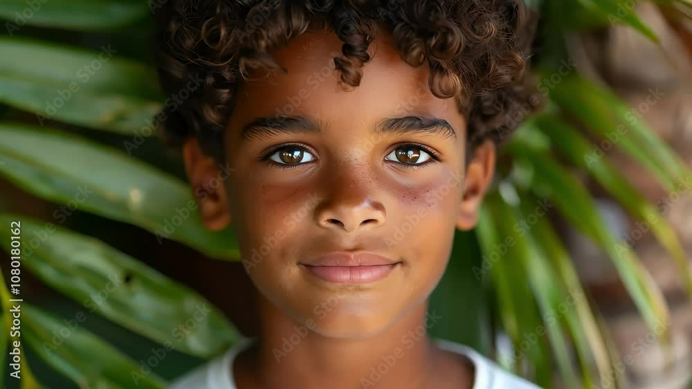 Black Boy Smiling Background With Tropical Green Palm Leaves Black Boy Smiling Background With Tropical Green Palm Leaves