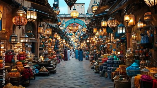 A bustling marketplace filled with vibrant lanterns and colorful goods
