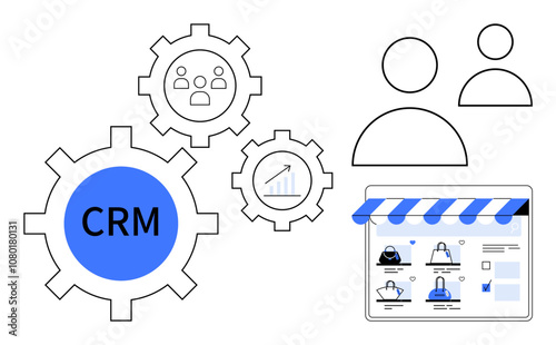 CRM gears interconnected with e-commerce storefront, user icons, and growth chart. Ideal for CRM tools, e-commerce management, online business growth, customer engagement, sales strategies, business