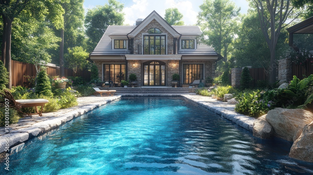 Fototapeta premium Elegant house with a pool surrounded by lush greenery.
