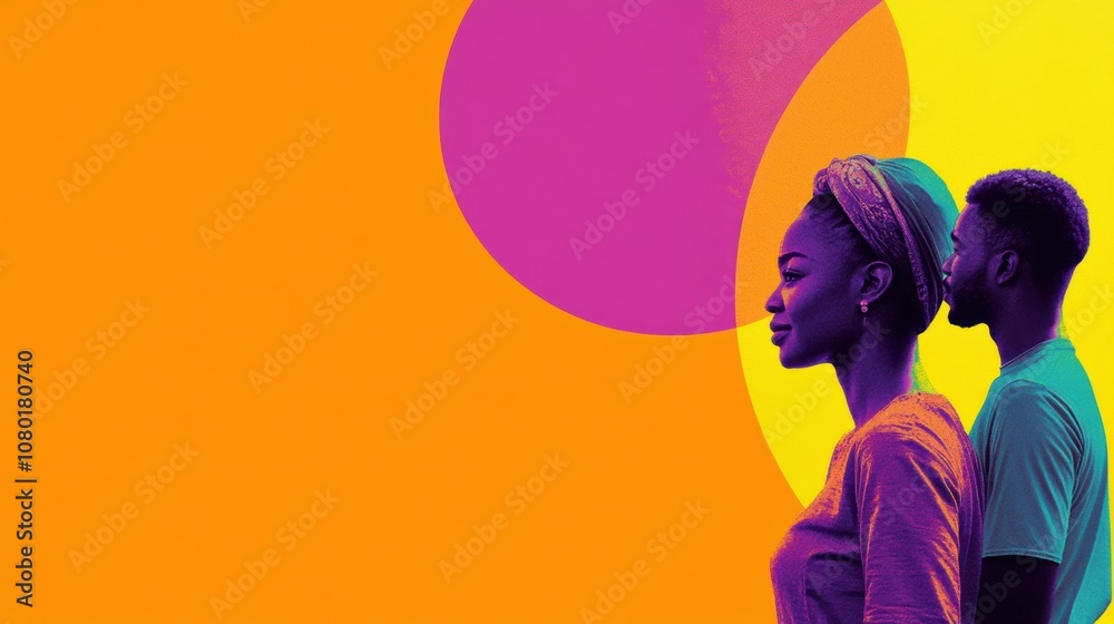 Two people stand in profile against a vibrant, abstract background, AI Two people stand in profile against a vibrant, abstract background, AI