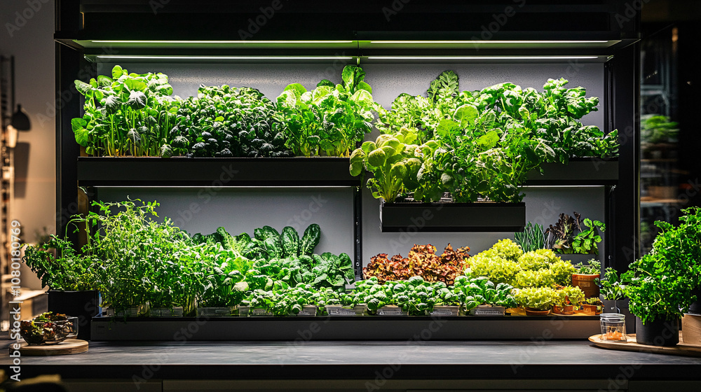 Vertical farm with lush, hydroponic vegetable growth in a high-tech, climate-controlled room illuminated by LED grow lights Vertical farm with lush, hydroponic vegetable growth in a high-tech, climate-controlled room illuminated by LED grow lights