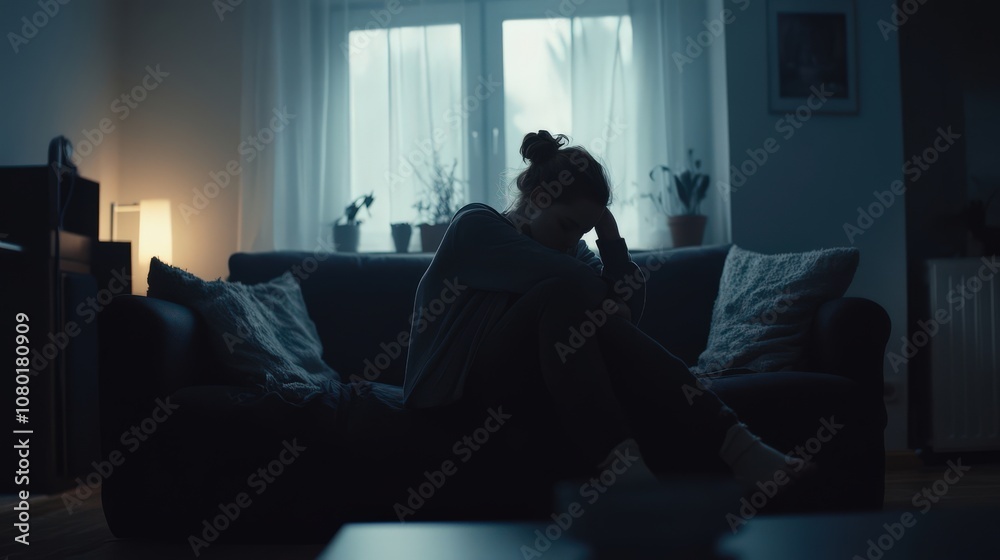 A woman sits in a dark room, hugging her knees on a couch, conveying a sense of solitude and introspection amidst the shadows. A woman sits in a dark room, hugging her knees on a couch, conveying a sense of solitude and introspection amidst the shadows.