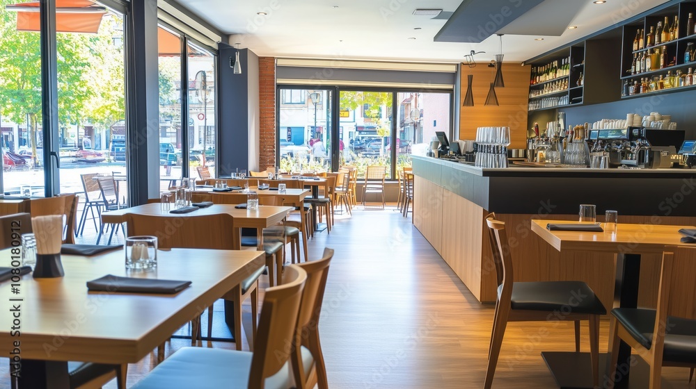 Modern dining area with wooden tables and large windows in a city restaurant during daytime. Generative AI Modern dining area with wooden tables and large windows in a city restaurant during daytime. Generative AI