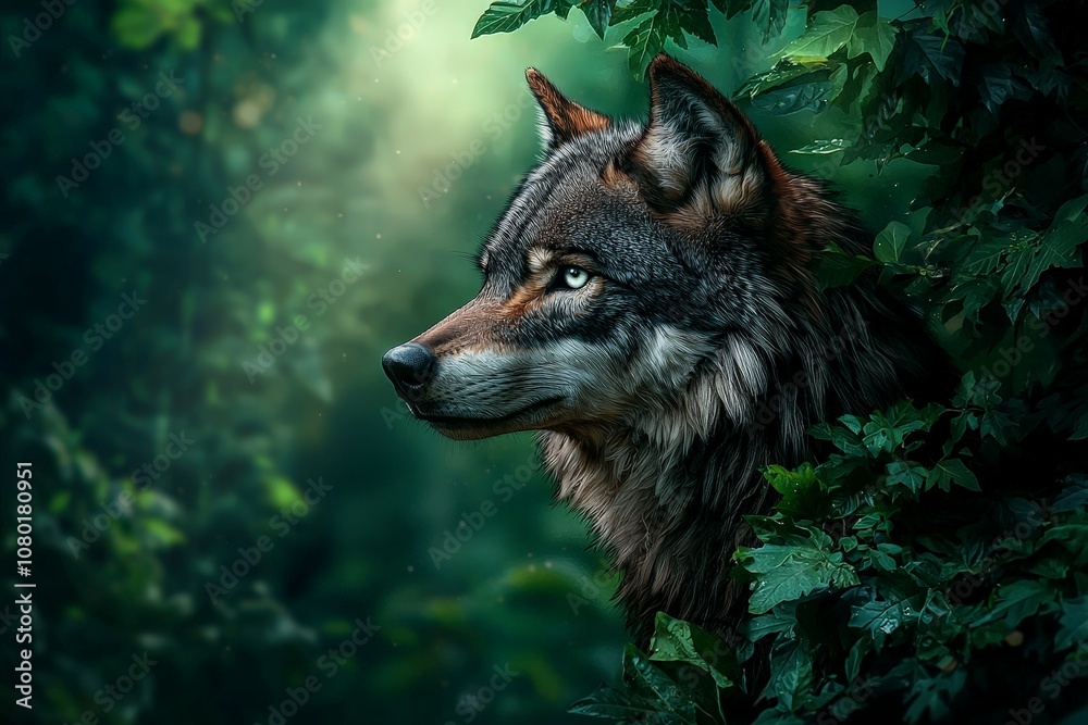 Majestic Hybrid Creature Combining Wolf and Eagle Attributes in an Enigmatic Forest Setting with Lush Greenery and Soft Rays of Light Majestic Hybrid Creature Combining Wolf and Eagle Attributes in an Enigmatic Forest Setting with Lush Greenery and Soft Rays of Light