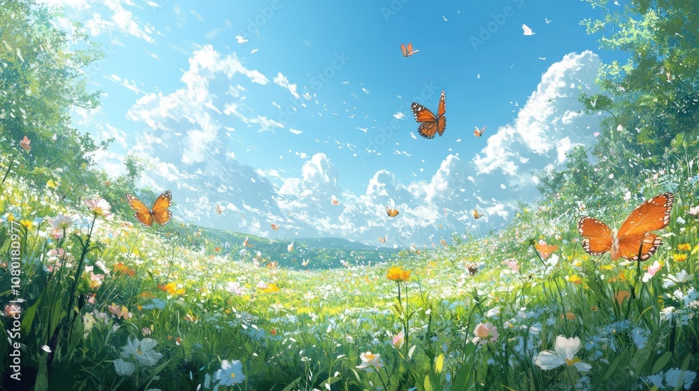 A vibrant field of wildflowers with a blue sky and white clouds, with multiple orange butterflies fluttering in the breeze. A vibrant field of wildflowers with a blue sky and white clouds, with multiple orange butterflies fluttering in the breeze.