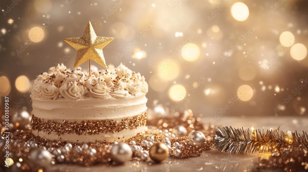 A festive cake adorned with a golden star, surrounded by sparkling decorations. A festive cake adorned with a golden star, surrounded by sparkling decorations.