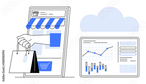 Hand holding shopping bags from smartphone screen, adjacent to a tablet showing graphs and charts. Ideal for e-commerce, data analysis, digital marketing, cloud computing, online business, online