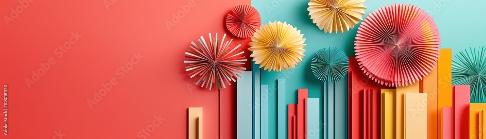 Fototapeta premium Vibrant paper decorations in bold colors for creative projects.