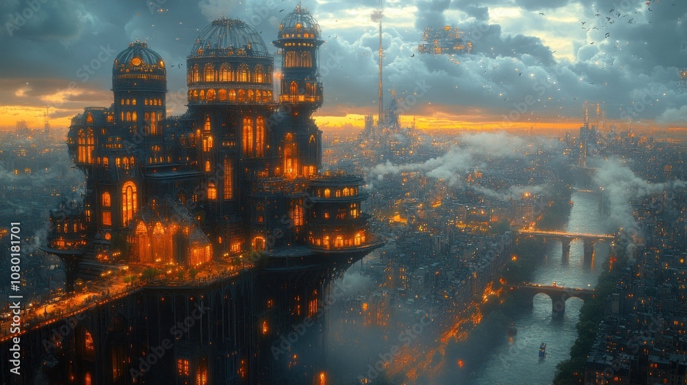 Fototapeta premium A fantastical cityscape at dusk, illuminated by warm lights.