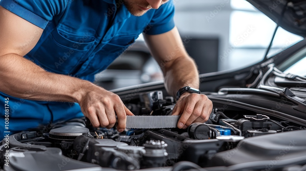 Skilled Mechanic Installing New Timing Belt in Car Engine, Focusing on Precision and Craftsmanship to Ensure Optimal Performance and Longevity of Vehicle Parts Skilled Mechanic Installing New Timing Belt in Car Engine, Focusing on Precision and Craftsmanship to Ensure Optimal Performance and Longevity of Vehicle Parts