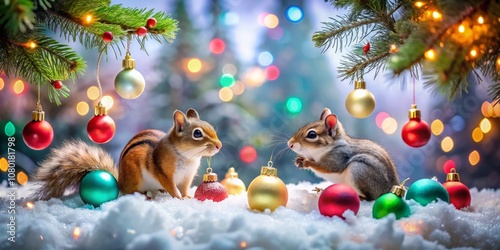 Fototapeta Naklejka Na Ścianę i Meble -  Enchanting Christmas Scene Featuring a Tilt-Shift Photography Effect of Squirrels and Chipmunks Amidst Festive Decorations and Snow-Covered Trees in a Winter Wonderland