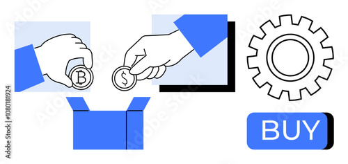 Hands inserting Bitcoin and dollar coins into the box, gear icon, and buy button. Ideal for e-commerce, cryptocurrency transactions, financial tech, online shopping, investment, business strategy