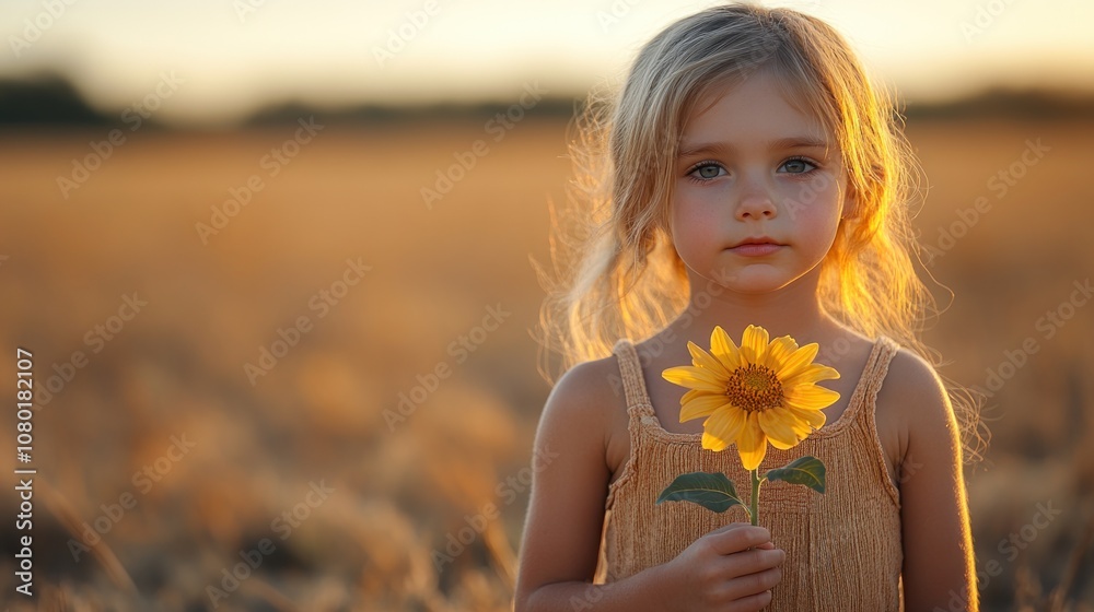 A young girl holds a sunflower in a golden field at sunset. A young girl holds a sunflower in a golden field at sunset.