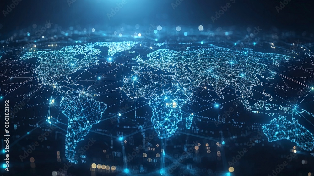 A digital representation of a world map flooded with illuminated nodes and lines, symbolizing the intricate web of global technology and communication. Contemporary art style. A digital representation of a world map flooded with illuminated nodes and lines, symbolizing the intricate web of global technology and communication. Contemporary art style.