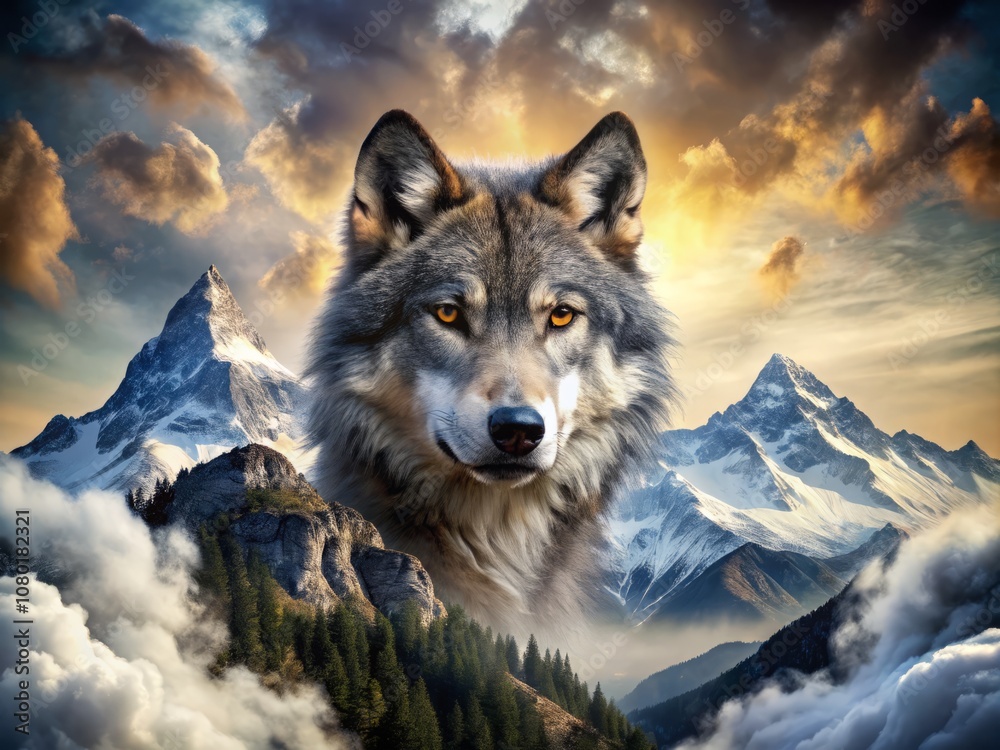 Enigmatic Double Exposure of a Majestic Wolf Silhouetted Against Stunning Mountain Landscapes, Merging Nature's Wild Beauty with Architectural Elements in Captivating Artistry Enigmatic Double Exposure of a Majestic Wolf Silhouetted Against Stunning Mountain Landscapes, Merging Nature's Wild Beauty with Architectural Elements in Captivating Artistry