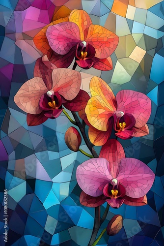 Vibrant orchids illuminate artistic mosaic background showcasing nature's beauty in colorful patterns and forms photo