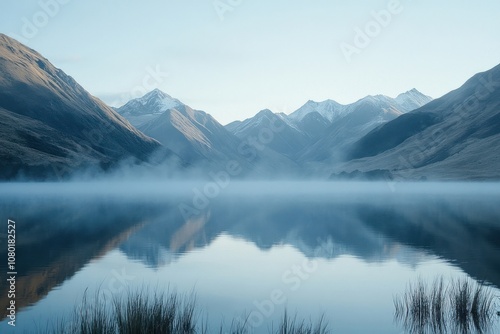 Foggy Mountain Lake Reflection at Dawn