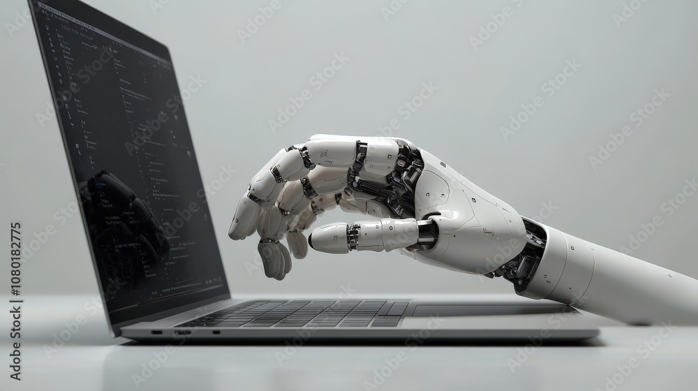 The image features a sleek, white robotic hand efficiently navigating a laptop keyboard, embodying technological advancement. The image features a sleek, white robotic hand efficiently navigating a laptop keyboard, embodying technological advancement.