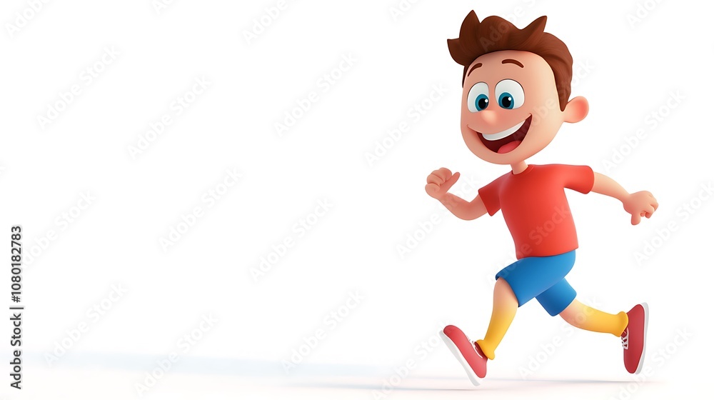A cartoon boy in a yellow shirt running on empty white background. A cartoon boy in a yellow shirt running on empty white background.