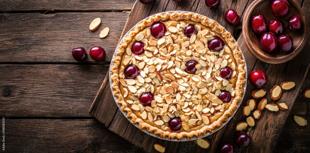 A delicious pie topped with almonds and cherries, placed on a wooden board. A delicious pie topped with almonds and cherries, placed on a wooden board.