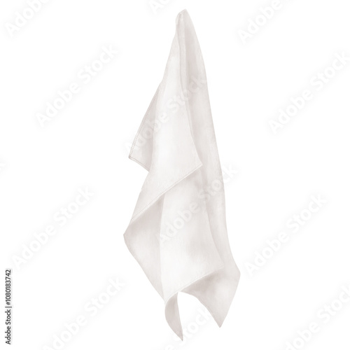 Hanging kitchen towel. Watercolor digital illustration. Kitchen cotton towel isolated on white background. Linen napkin hanging For food theme, kitchen, restaurant serving and cleaning theme