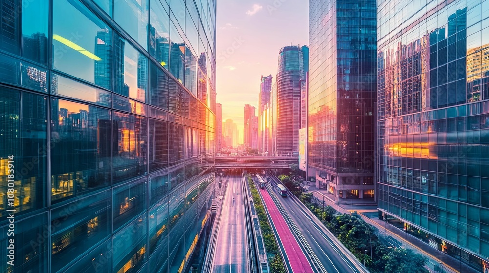 Cityscape Reflected in Glass Buildings at Sunset Cityscape Reflected in Glass Buildings at Sunset