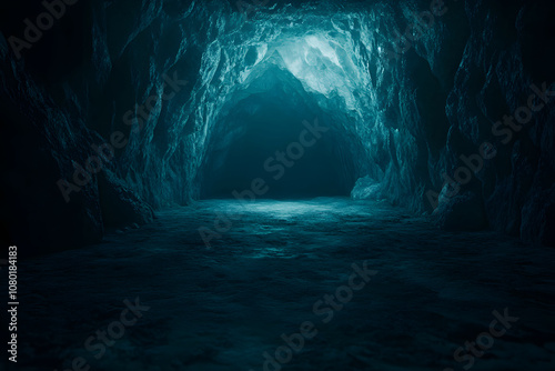 dark underground cave illuminated by faint natural light, showcasing rocky textures and mysterious atmosphere. tranquil scene evokes sense of exploration and wonder
