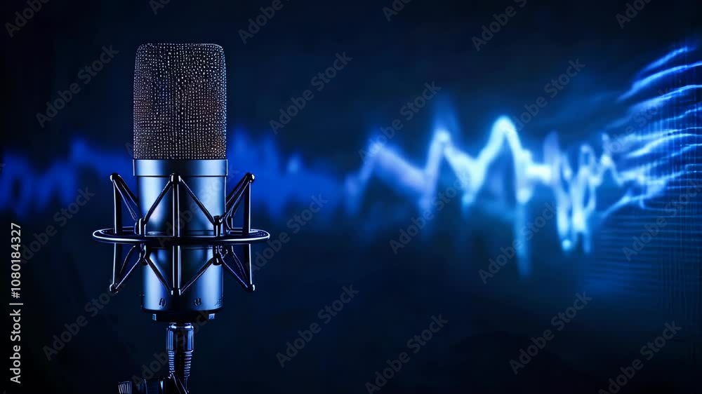 High-quality, professional studio microphone with sound waves in background
