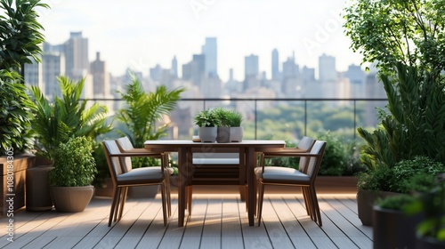 A serene outdoor dining area surrounded by lush plants overlooking a vibrant city skyline on a sunny day. Generative AI photo