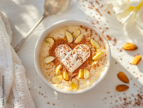 Heart-Shaped Amaranth Porridge with Almond Toppings and Cinnamon Dusting for a Healthy Valentine’s Day Breakfast